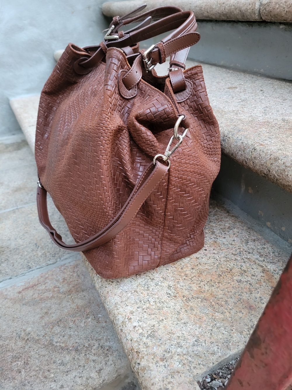 Italian Tulipani Woven Leather Satchel Shoulder Bag Brown Large Made in Italy - Picture 5 of 14